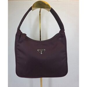 Prada Vintage Tessuto Nylon Mini Hobo Bag Mahogany Brown Enamel Logo 21 Lampo